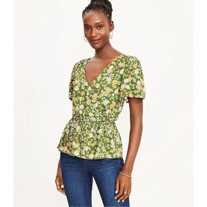 LOFT Green Floral Wrap Blouse NWT Size Large Peplum